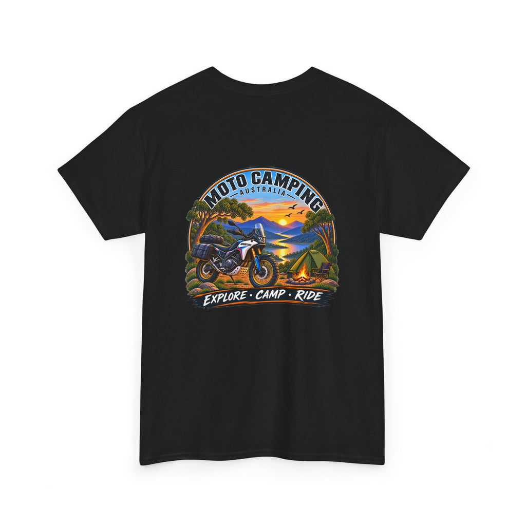 Moto Camping dirt bike sunset illustration T-Shirt | Explore Camp Ride
