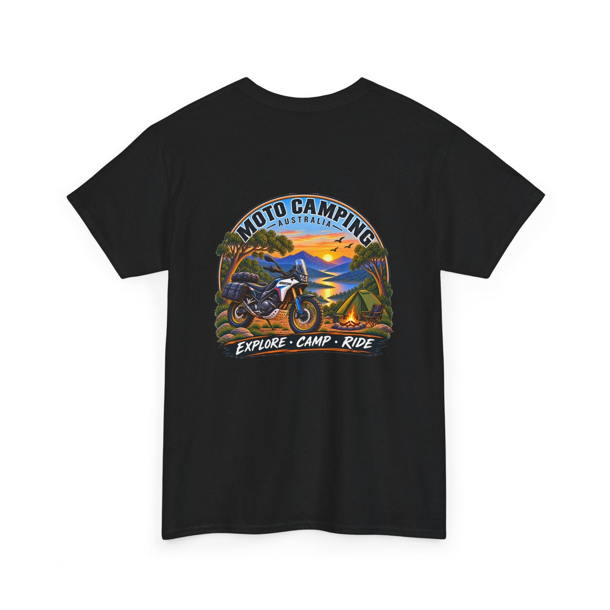 Moto Camping dirt bike sunset illustration T-Shirt | Explore Camp Ride
